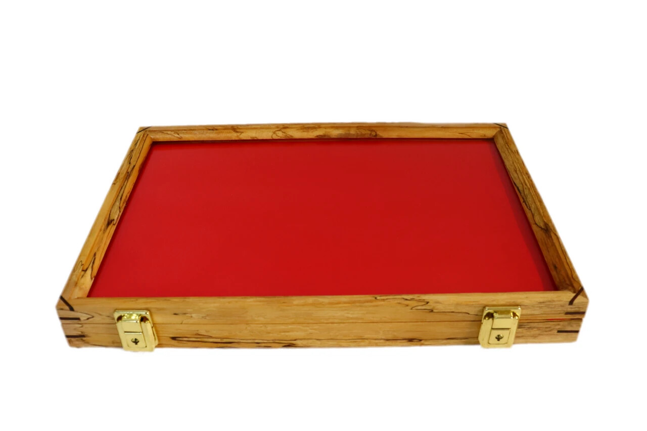 Knife Display Case Arrowheads 18 x 12 Maple & Red Pin Medal Wood USA Shadow Box
