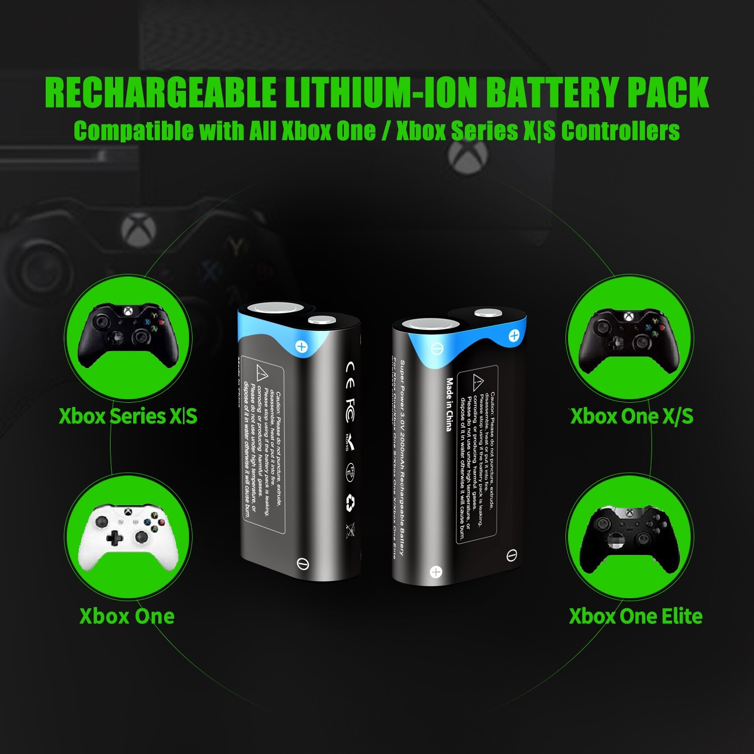 2 Pack Pallus Lithium Xbox One/Series S|X Controller Battery Pack with Charger