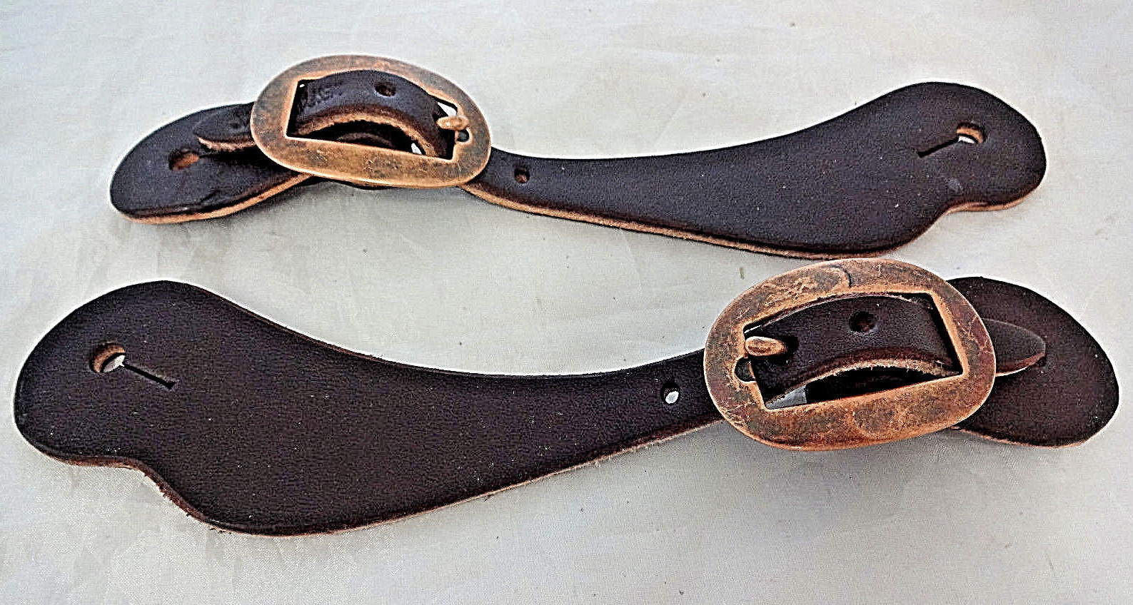 Pair Dark Chocolate Leather Spur Straps Copper Cart Buckles Womens Horse Tack