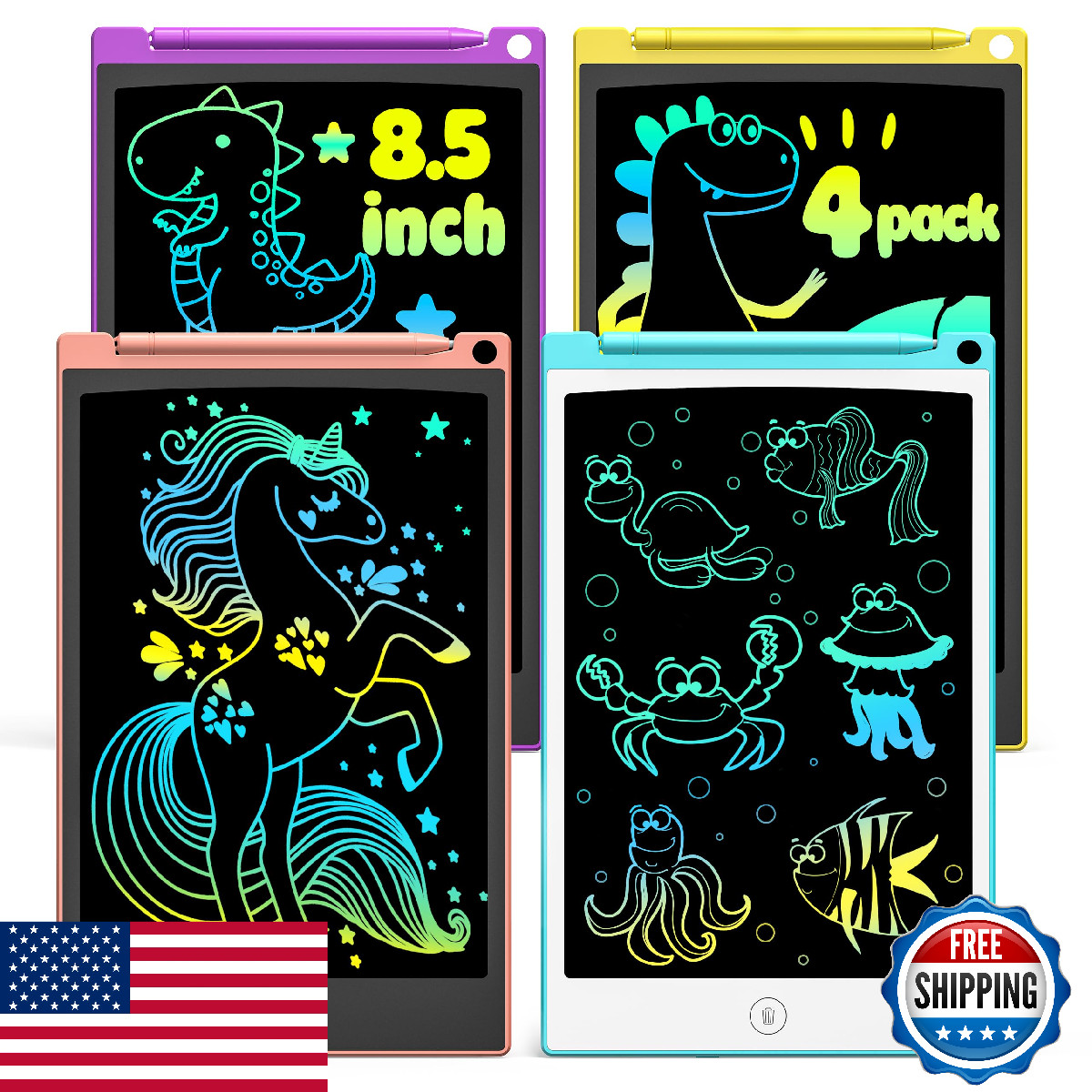 TECJOE 4-Pack LCD Writing Tablet 8.5" Colorful Doodle Board Kids Drawing Toys Gi