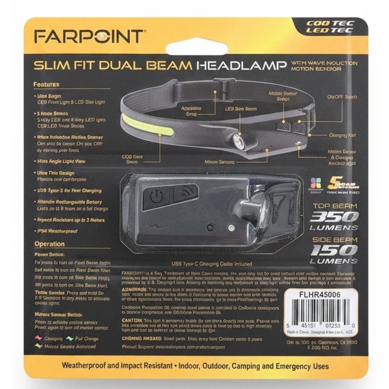 Farpoint Slim Fit Dual Beam Headlamp — Motion Sensor | New