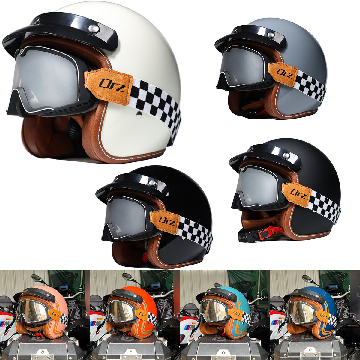 DOT Open Face Motorcycle Helmet with Motocross Goggles Scooter Cruiser Helmet