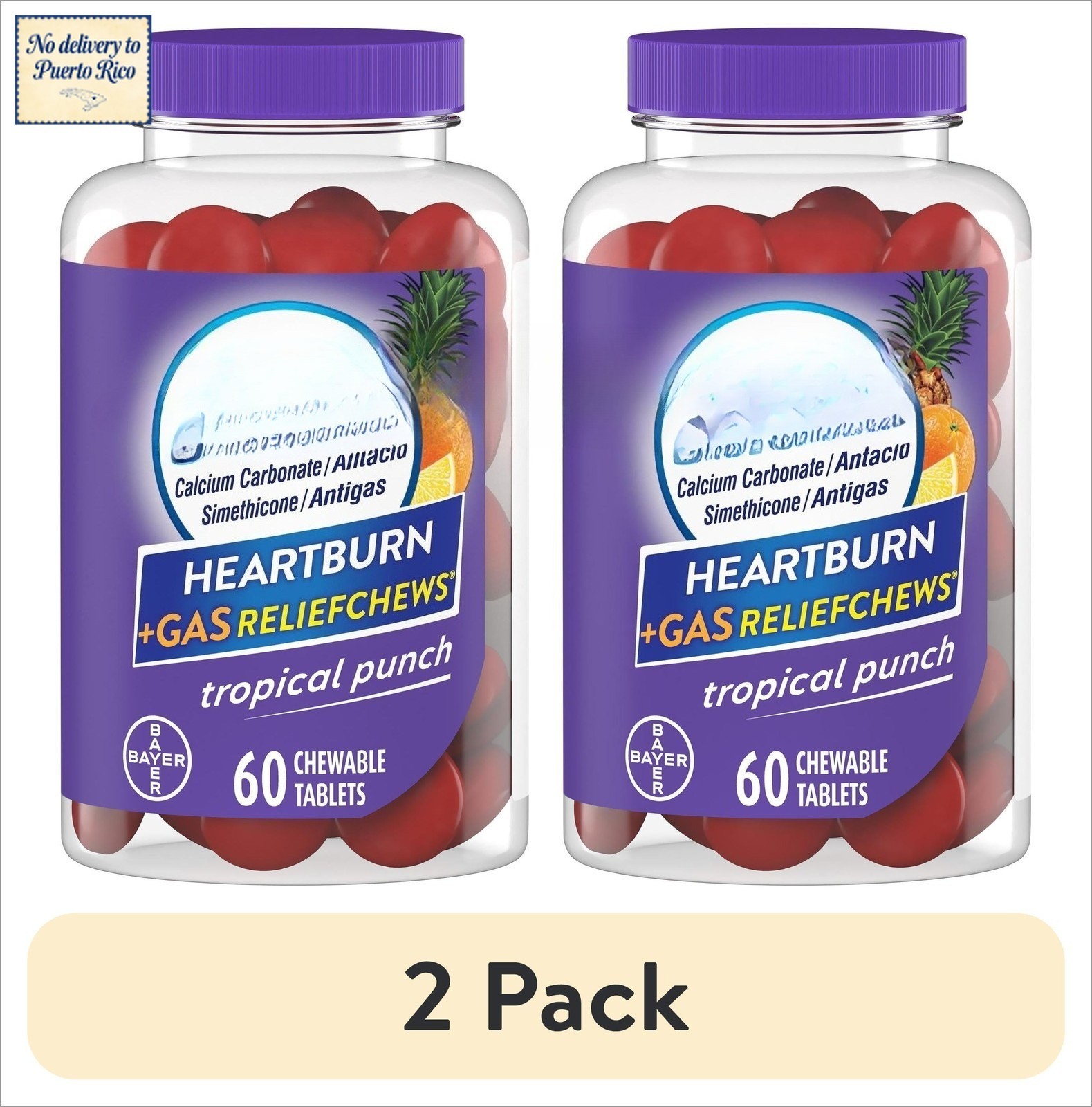(2 pack) Heartburn Relief + Gas Relief Chews, Tropical Punch 60 Ct