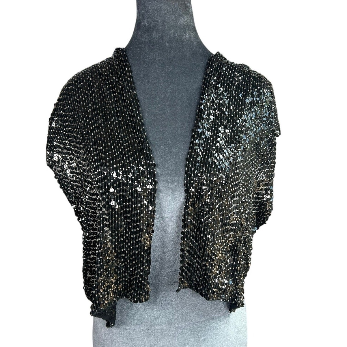 Vtg Clear Bead Sequin Neck Scarf- prom- formal Glam showgirl Disco- 50x8.5"