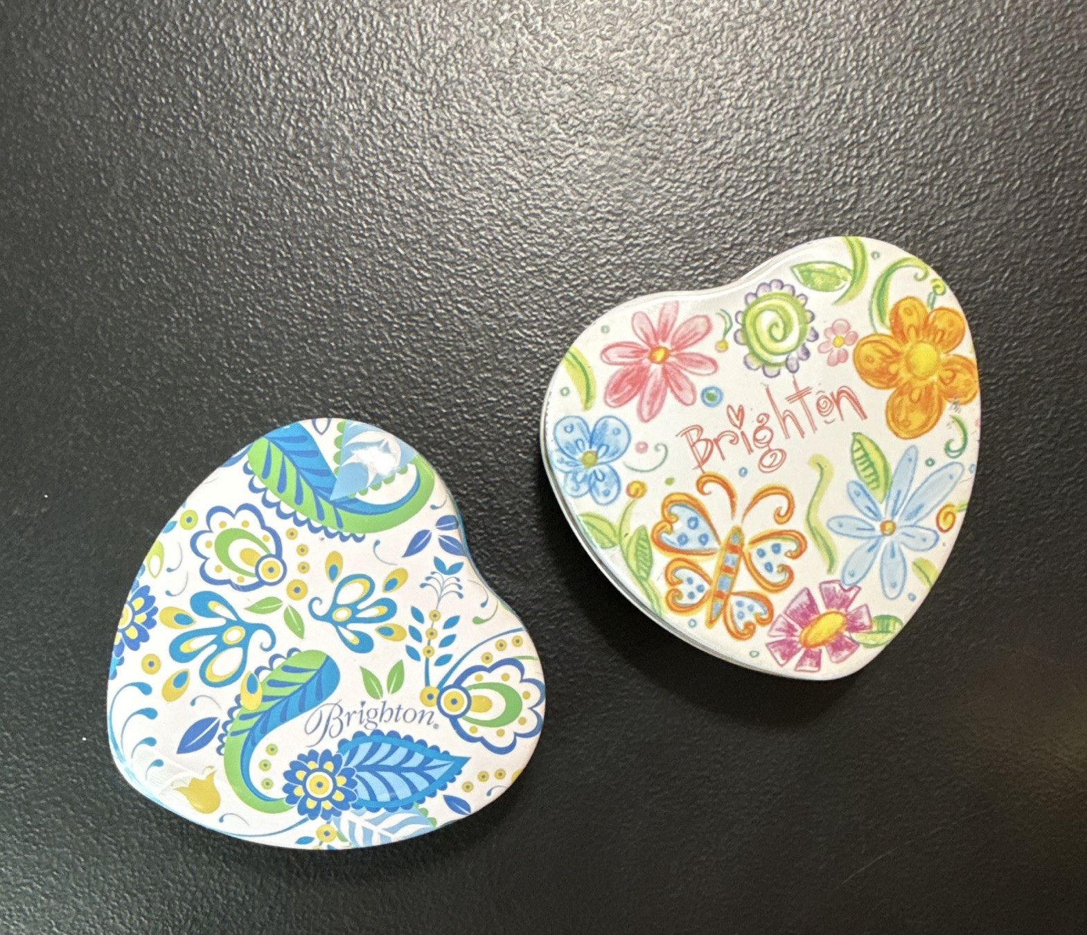 Brighton Heart-Shaped Floral Butterfly Tin Boxes w/ Lids Set of 2 Small
