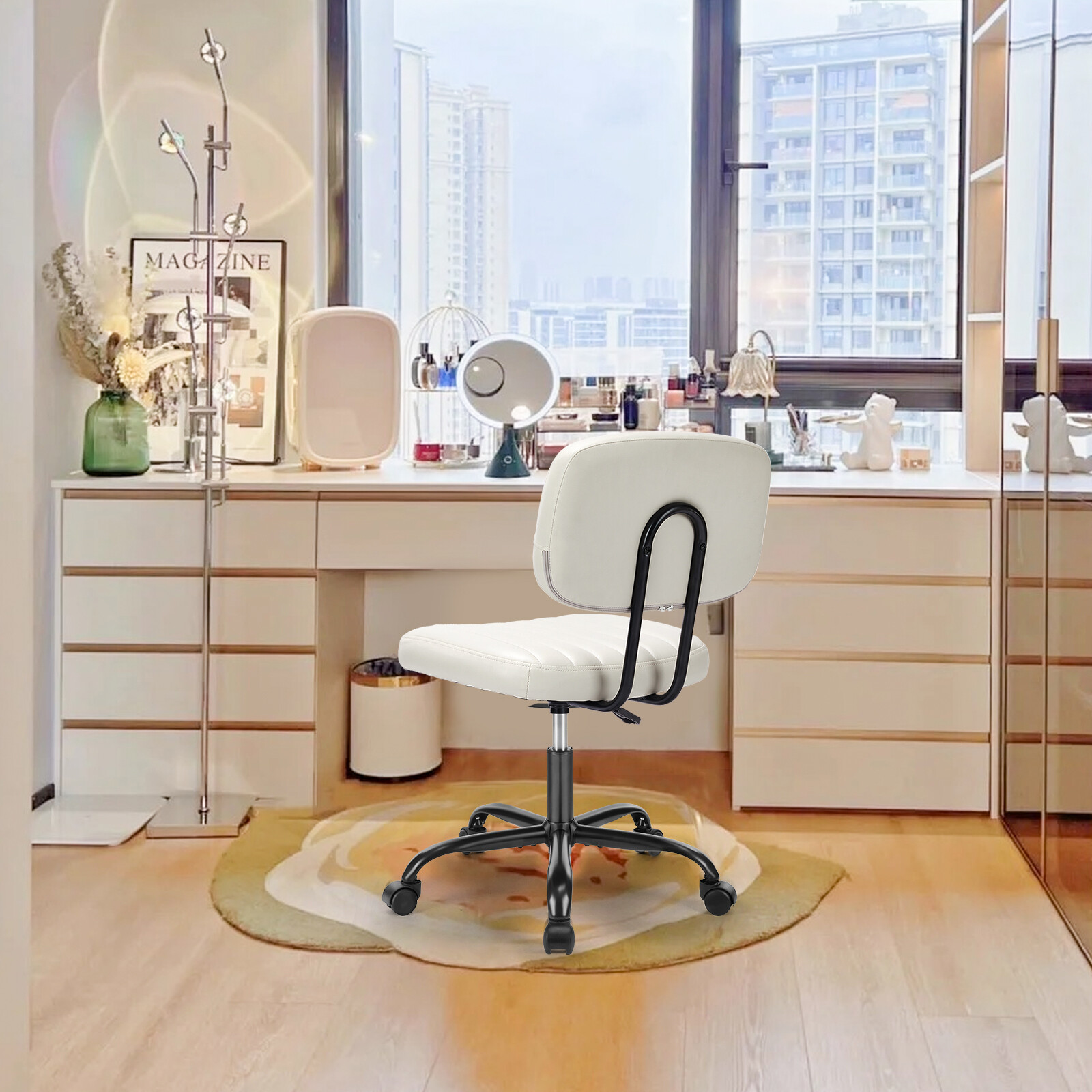 Small Office Chair Armless with Wheel Swivel Height Adjustable Desk Seat Leather