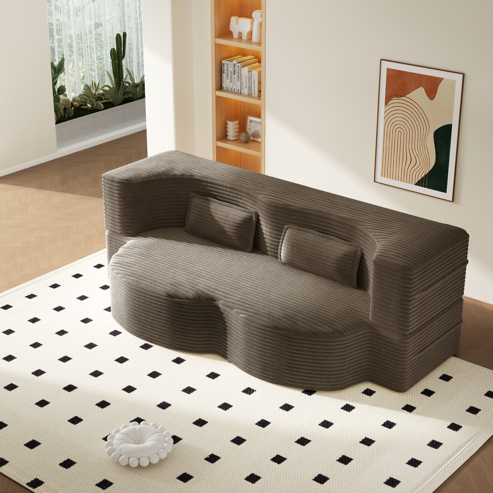 Modern Floor Sofa with 2 Pillows,Convertible Corduroy Fabric Foam-Filled Sleeper