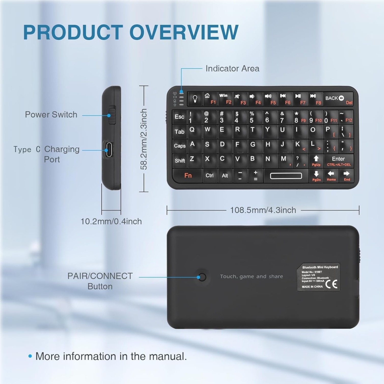 Mini Bluetooth Keyboard,Portable Wireless Rechargeable Keyboard with Backlit