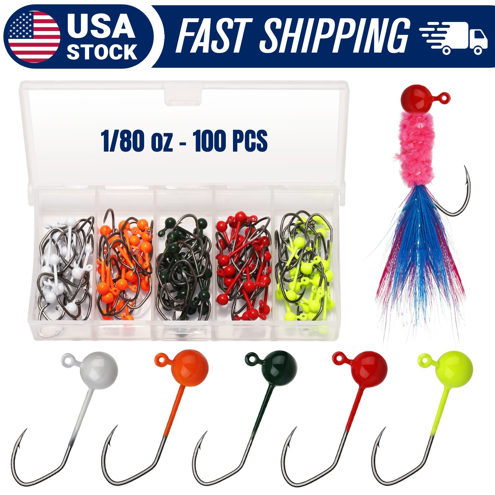 100pcs Fly Tying Jig Heads 1/80 oz Small Fishing Hooks DIY Lure Making Kit