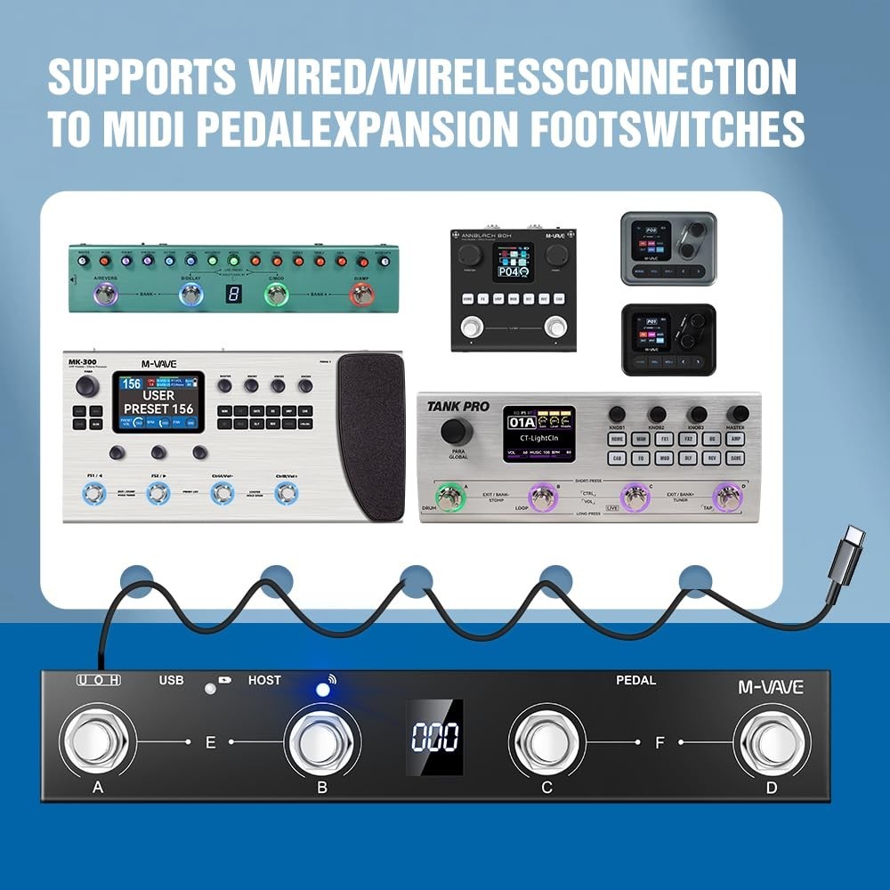 Wireless MIDI Foot Controller - Bluetooth Footswitch with 4 Buttons, Rechargeabl