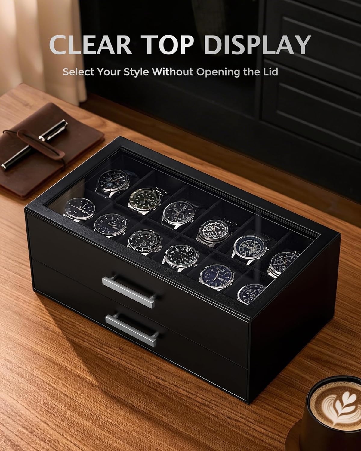 Watch Box 12-Slot 2-Tier Pull-Out Drawers Display Case Storage Organizer Men