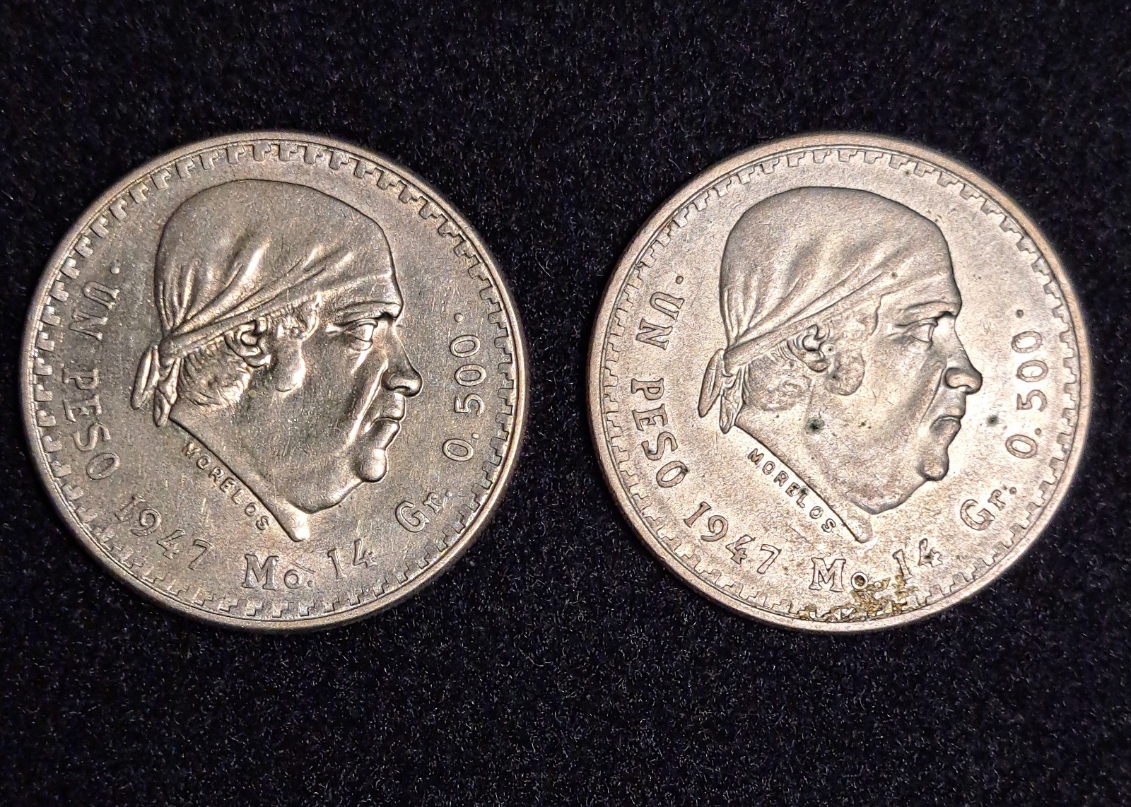 1947 Mexico Un Peso (2) .500 Fine Silver Coins Jose Maria Morelos