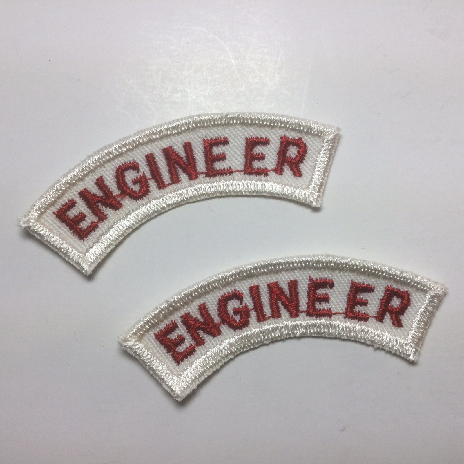 (2) ENGINEER Upper Rocker Patch - Red on White Twill NOS *WHITE BORDER*