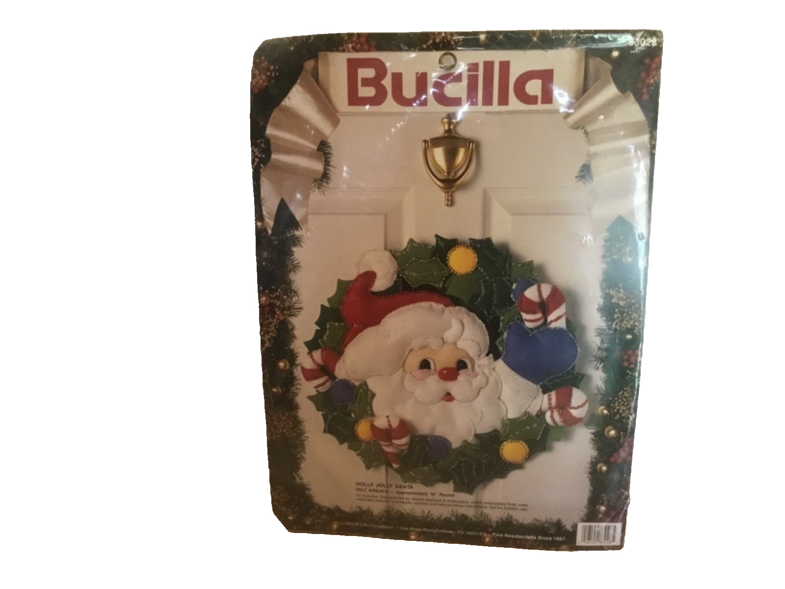 1993 Bucilla Felt 18” Christmas Door Wreath Kit Holly Jolly Santa -#83028 NIP