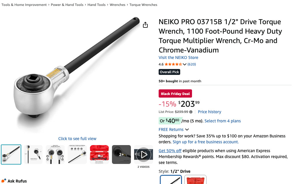 NEIKO PRO 03715B 1/2" Torque Wrench