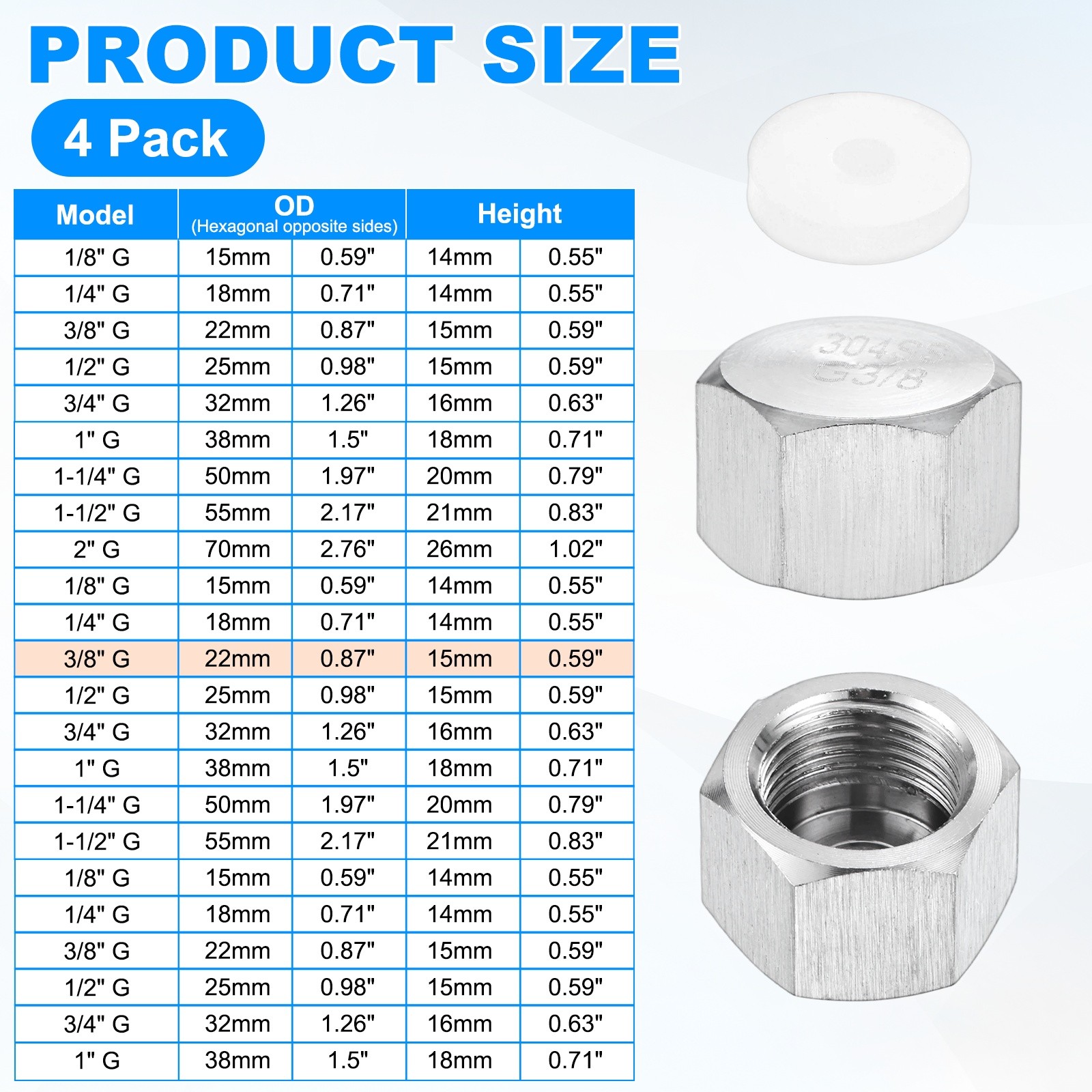 4-Pack Hex End Cap, 3/8 Inch g Female Thread Pipe Fitting