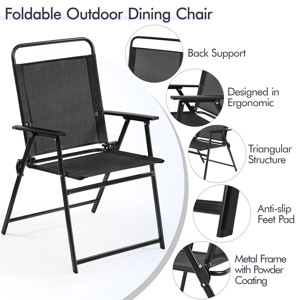 Two outdoor folding chairs, made of Teslin fabric, with backrest/armrests.