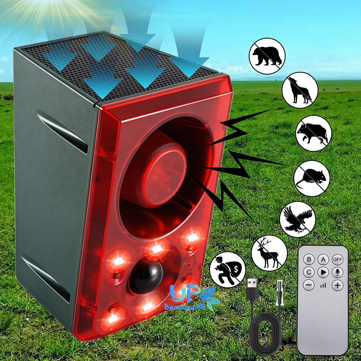 Solar Motion Sensor Alarm Animal Repeller With Strobe Light Gunshot Sound Siren