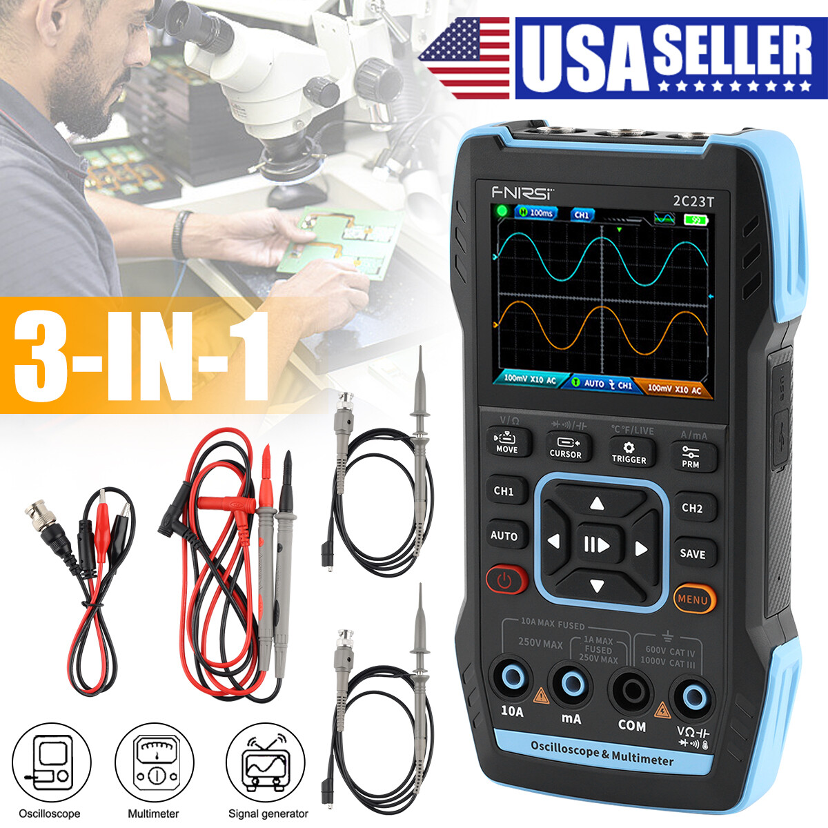 FNIRSI 2C23T Handheld Digital Oscilloscope+Multimeter+Function Signal Generator.