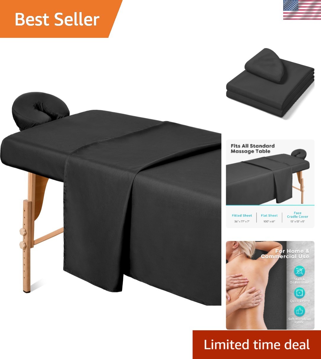 Professional Massage Bed Cover Set - Wrinkle & Stain Resistant - Black