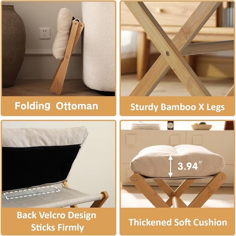 Folding Footrest Stool Modern Bamboo Ottoman Padded Living Room Bedroom New