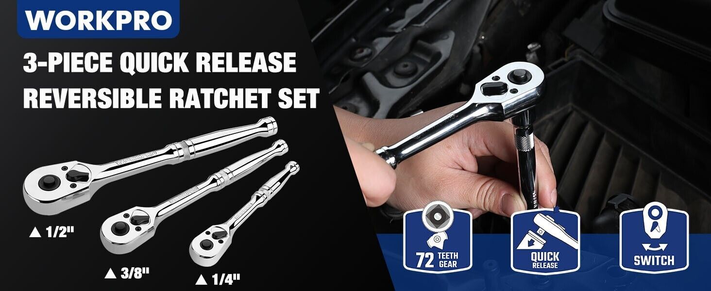 WORKPRO 3PCS Ratchet Set 1/4" 3/8" 1/2" Dr Ratchet Handle Quick Release 72-Tooth