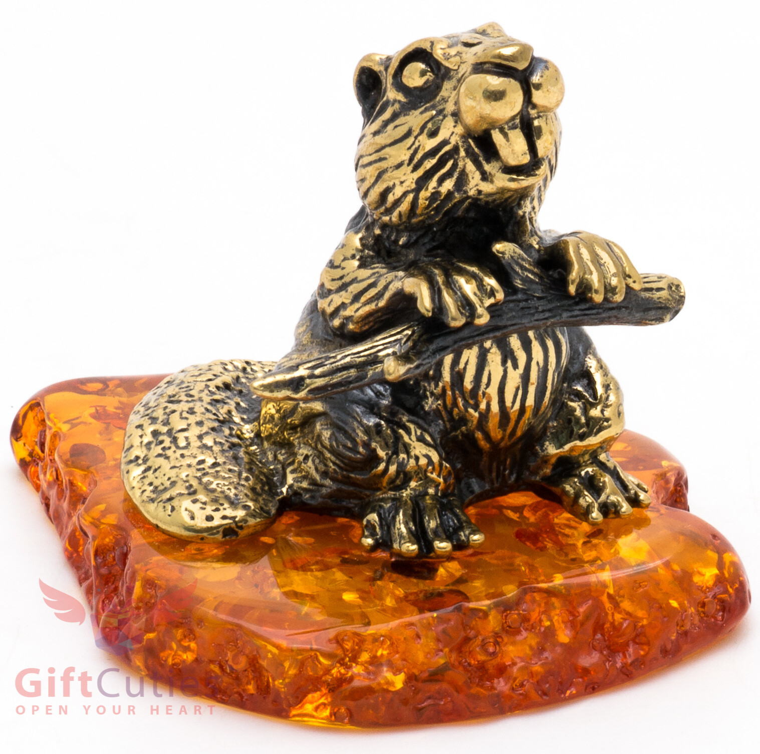 Brass Amber Figurine of a beaver holding a tree branch IronWork