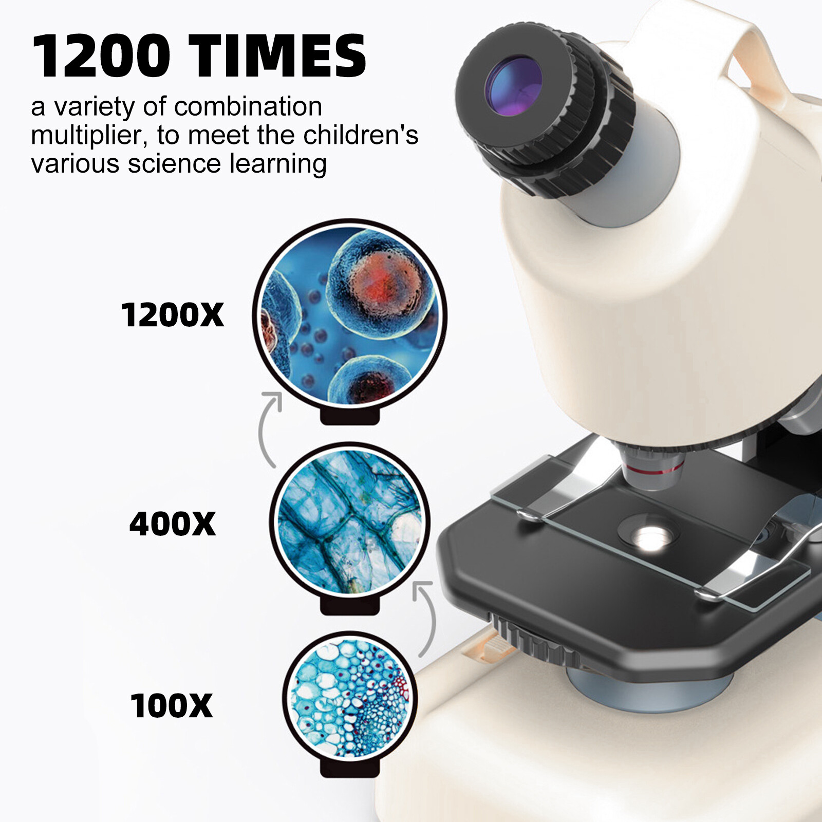 Handheld Microscope LED 100X-1200X Magnification Science Toys Kit For Kid White,