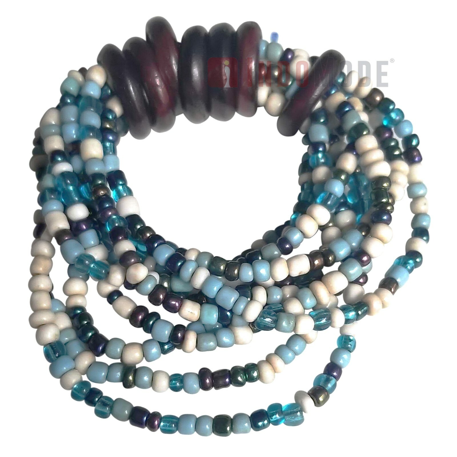 WOMEN’S BALI BRACELET Translucent White Blue 10-Strand 2-3mm Glass Beads Elastic
