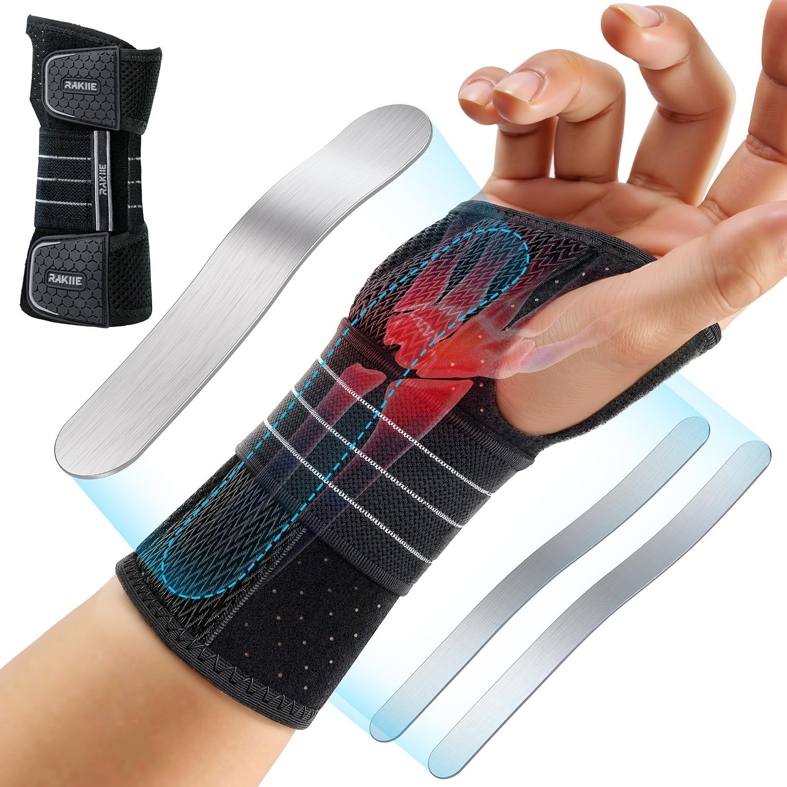 Carpal Tunnel Wrist Brace, Ergonomic Night Support Brace with 3 Metal Splints fo
