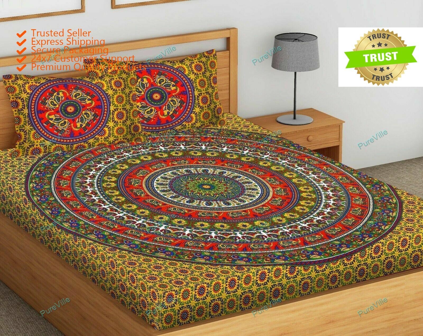 Elephant Print Best Fabric Mandala Cotton Double  Size Jaipuri Bed Sheet With 2