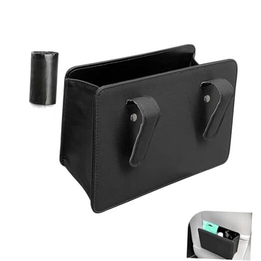 Car Trash Can, Leather Vehicle Trash Bin with 1 Roll Trash Bag, Mini Foldable