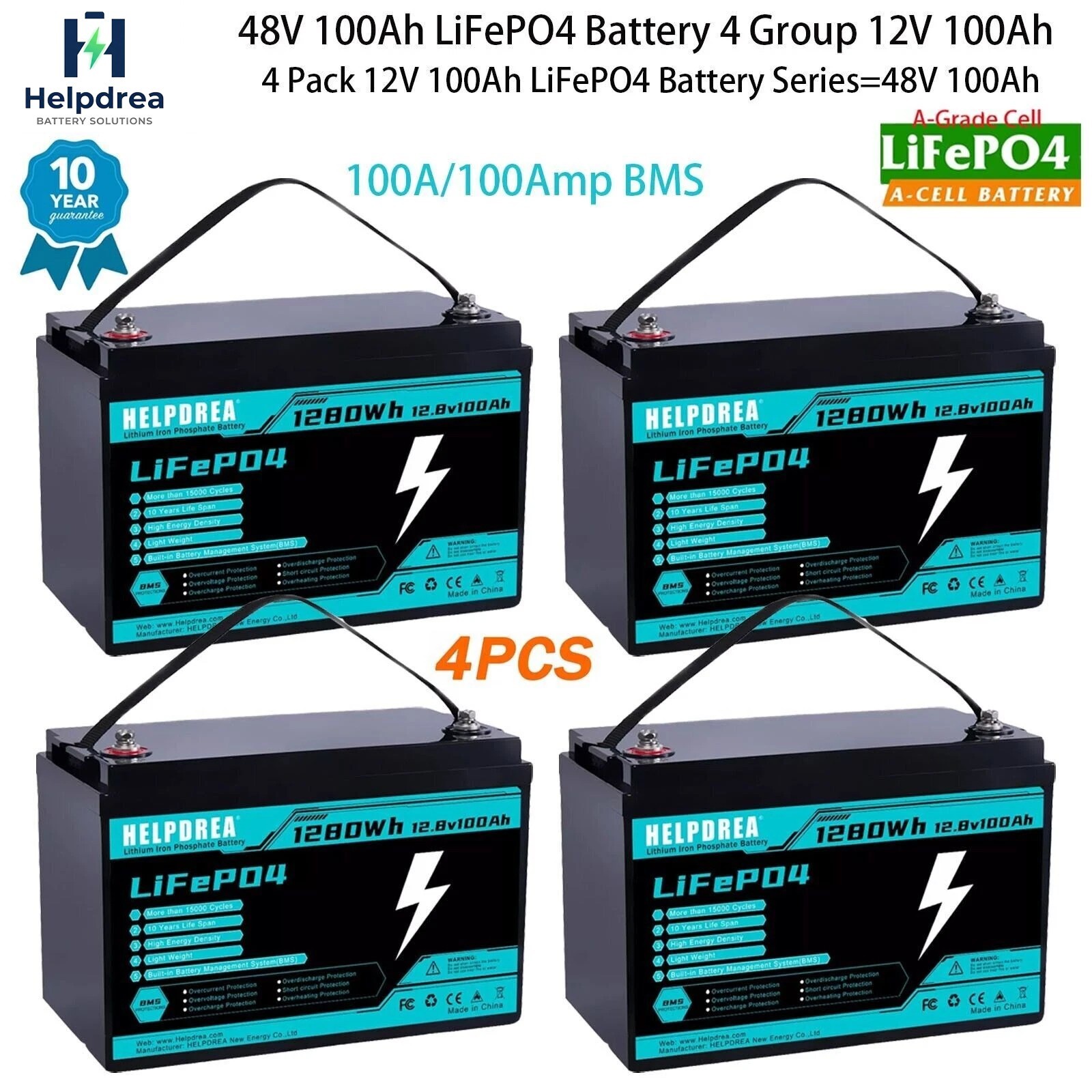 4 Pack 12V 100Ah LiFePO4 Lithium Battery 100A BMS Deep Cycle for RV Solar Panel