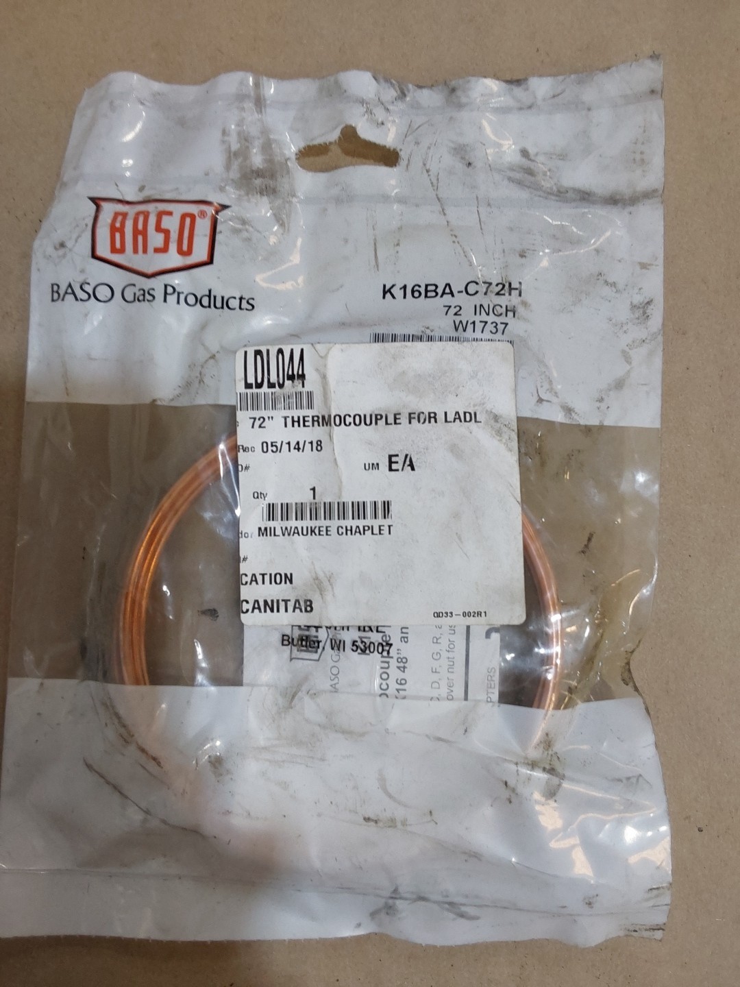 NEW, Sealed - BASO Gas Products K16RA-72H 72 Inch W2142 Husky K16 Thermocouple