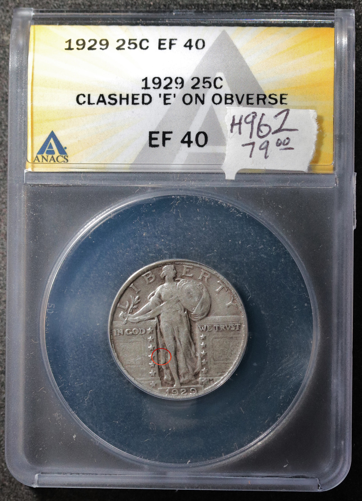 1929 Standing Liberty 25c. In ANACS Holder Clashed "E"  Description Below h962