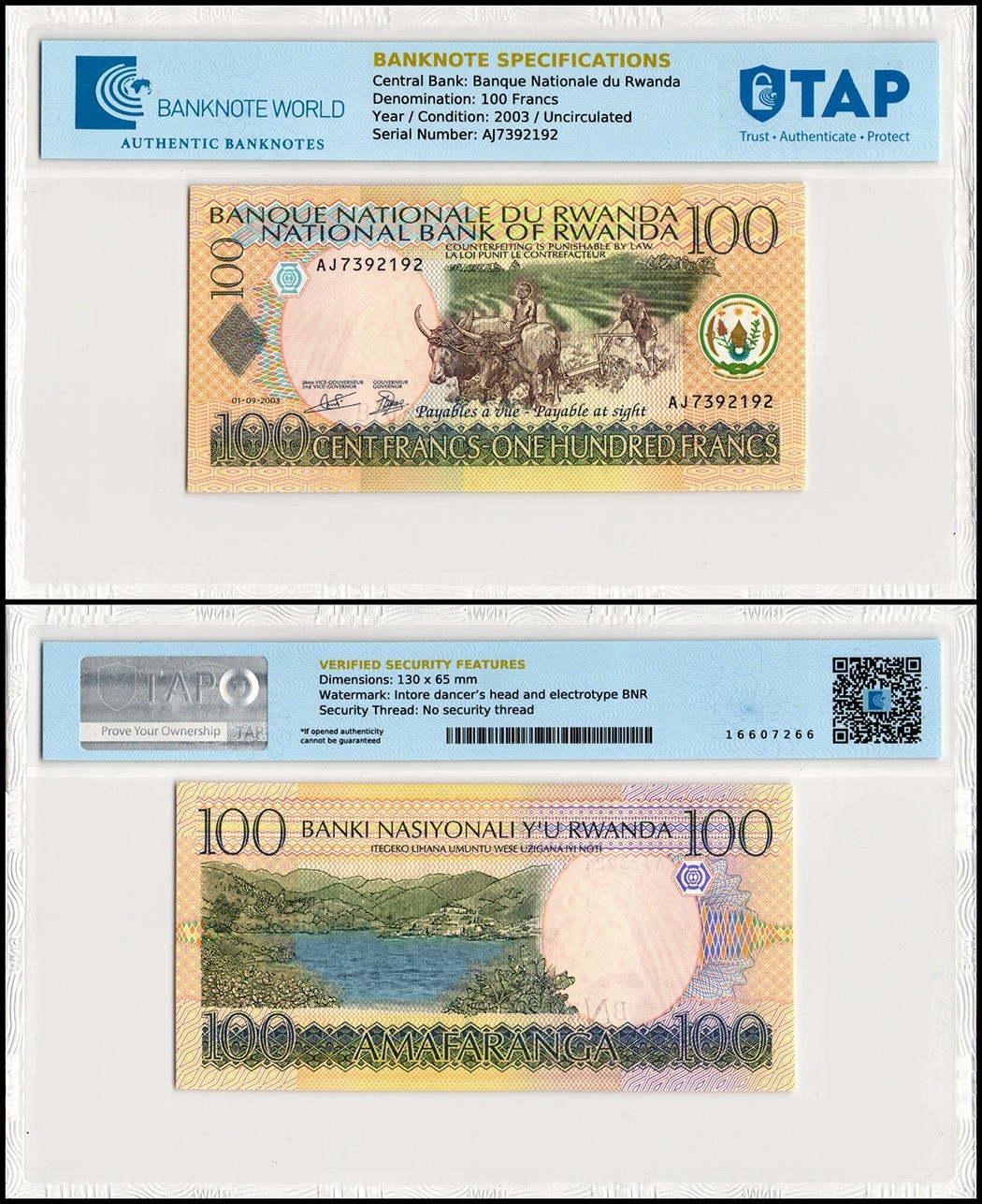 Rwanda 100 Francs, 2003, P-29b, UNC, TAP Authenticated