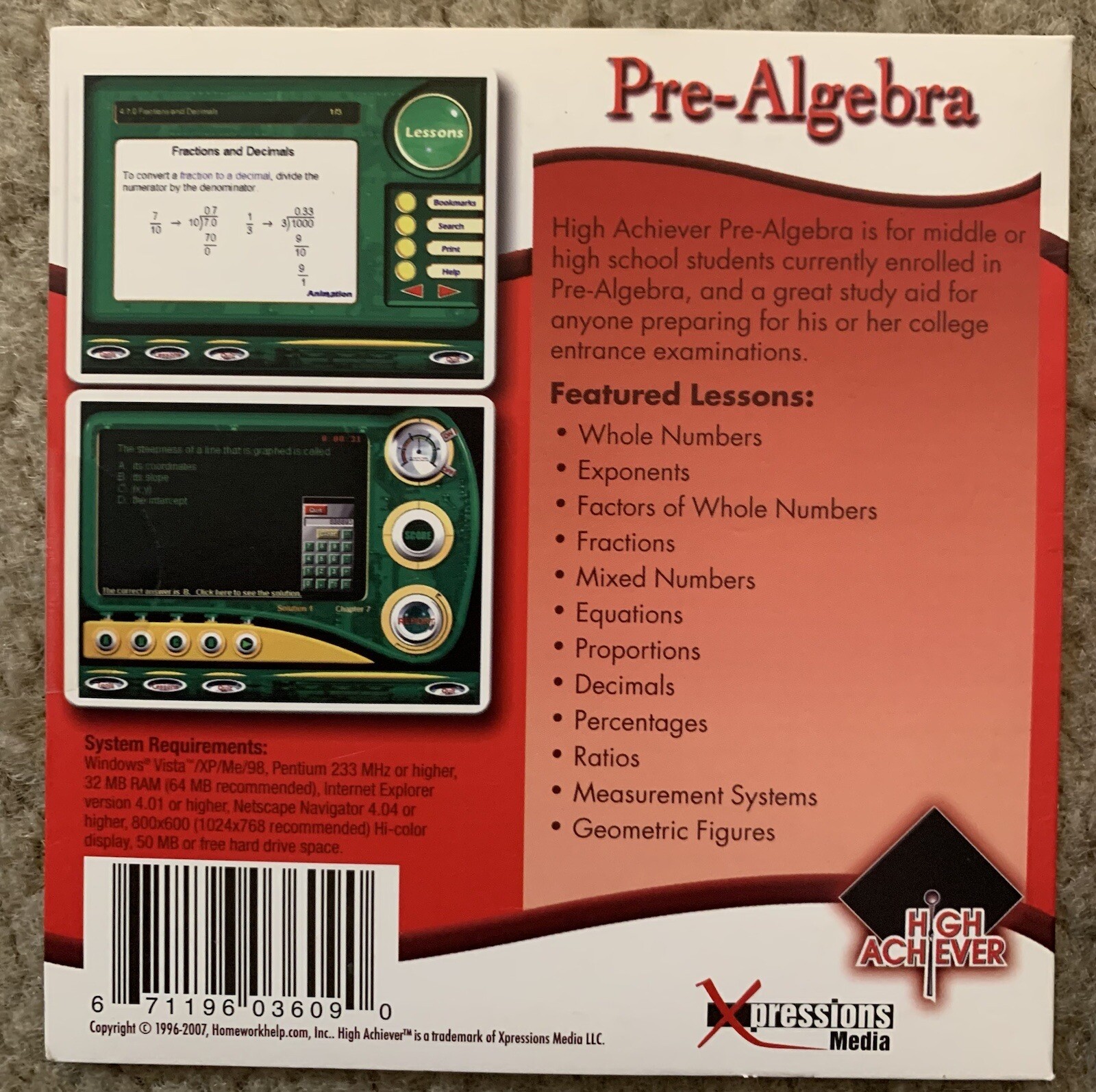 High Achiever PreAlgebra, Algebra 1 & 2 CD ROM Lot (grades 9-12