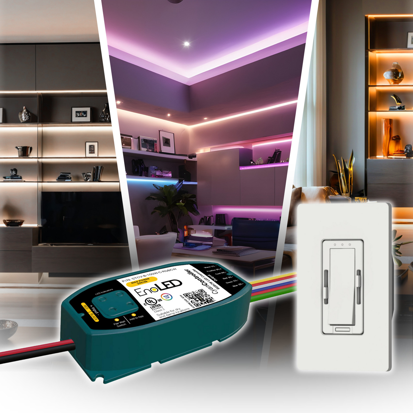 Smart EnoLED Cyan Wall Switch and Controller RGB+CCT IP23 Wireless Alexa/Google