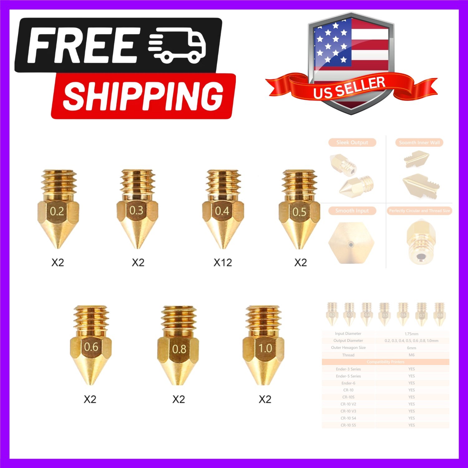 Versatile MK8 Nozzle Kit with 24 Brass Pieces (0.2mm to 1.0mm) for 3D Printing
