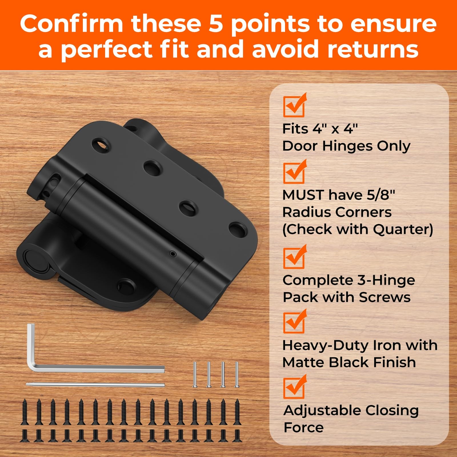 3 Pack Self Closing Door Hinges 4 Inch Black Spring Hinge with 5/8" Radius Co...