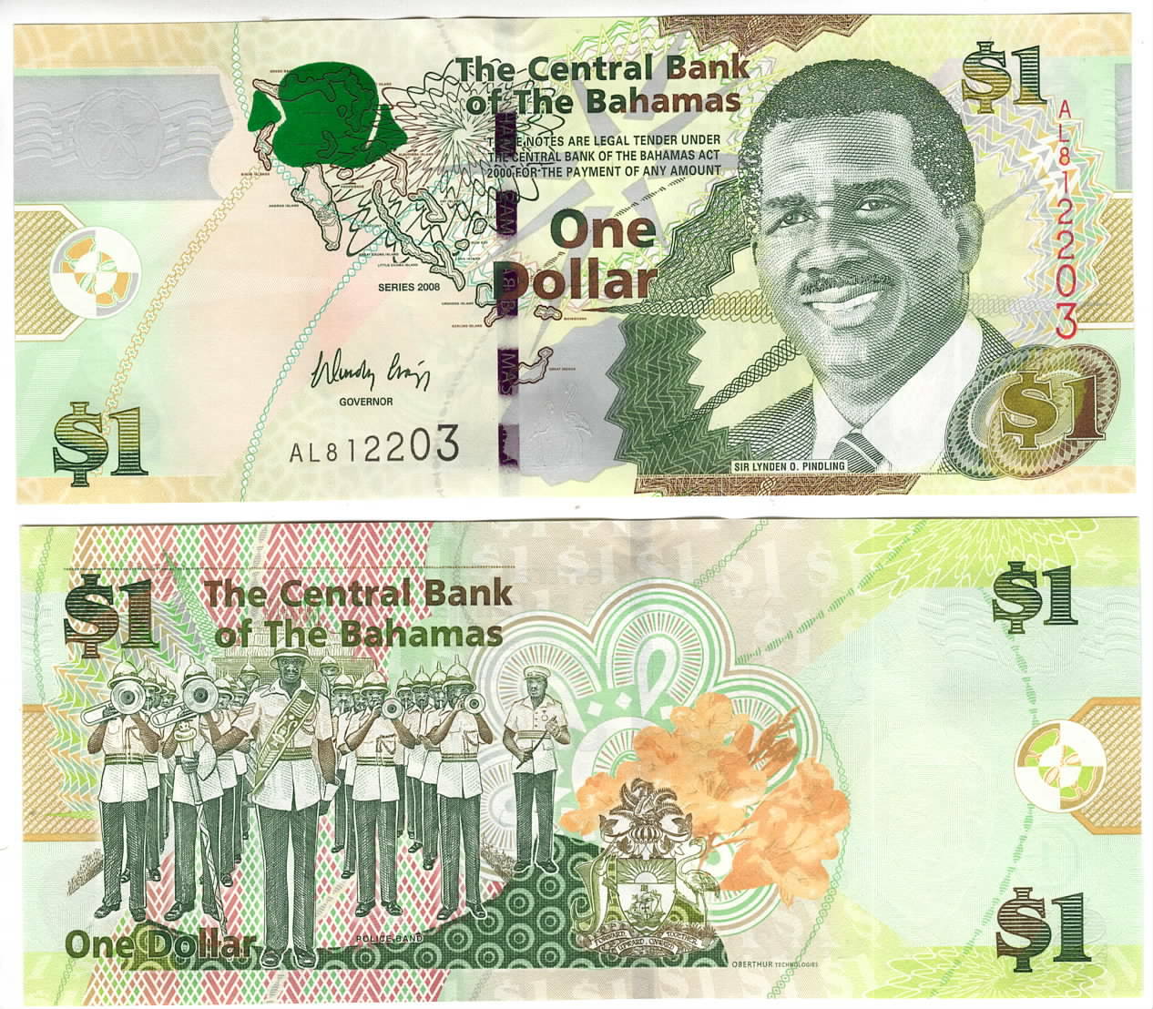 BAHAMAS CRISP Series $1 Dollar UNC Banknote (2008) P-71 Prefix AL