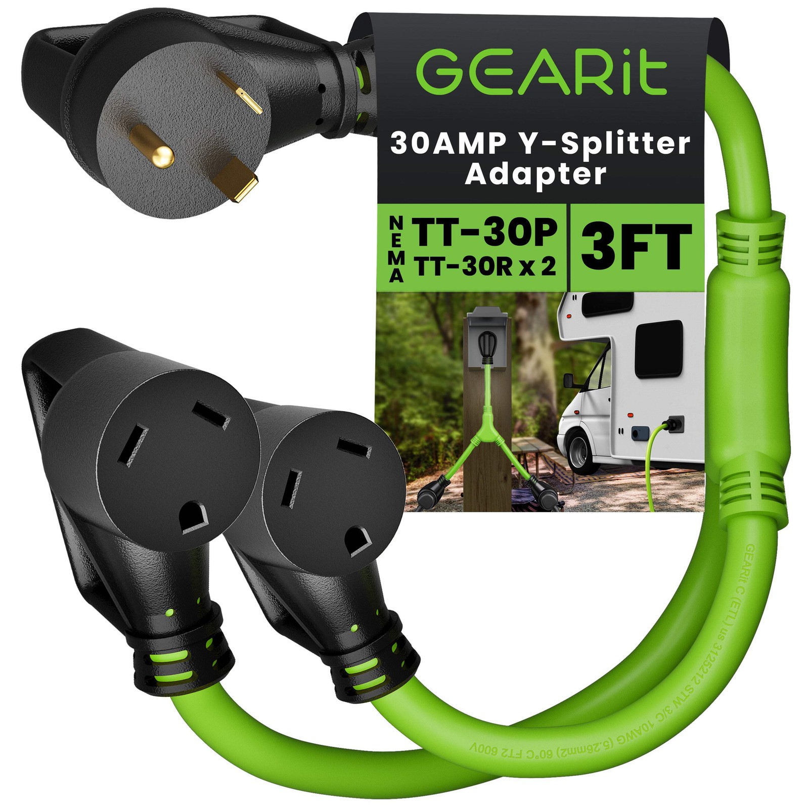 30 Amp NEMA TT-30P to Dual NEMA TT-30R Splitter Power Cord Adapter STW 10AWG 3C