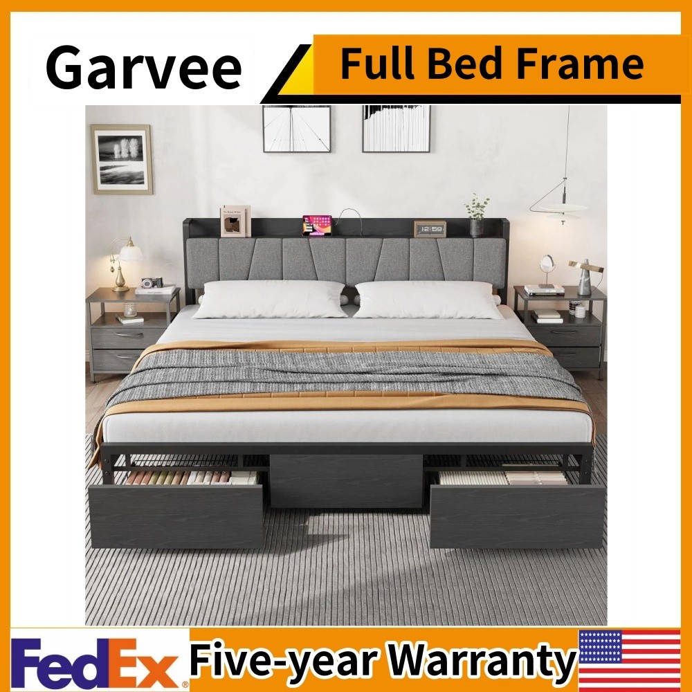 Full Size Bed Frame W/Storage Headboard Industrial Platform Bed W/2 Drawers