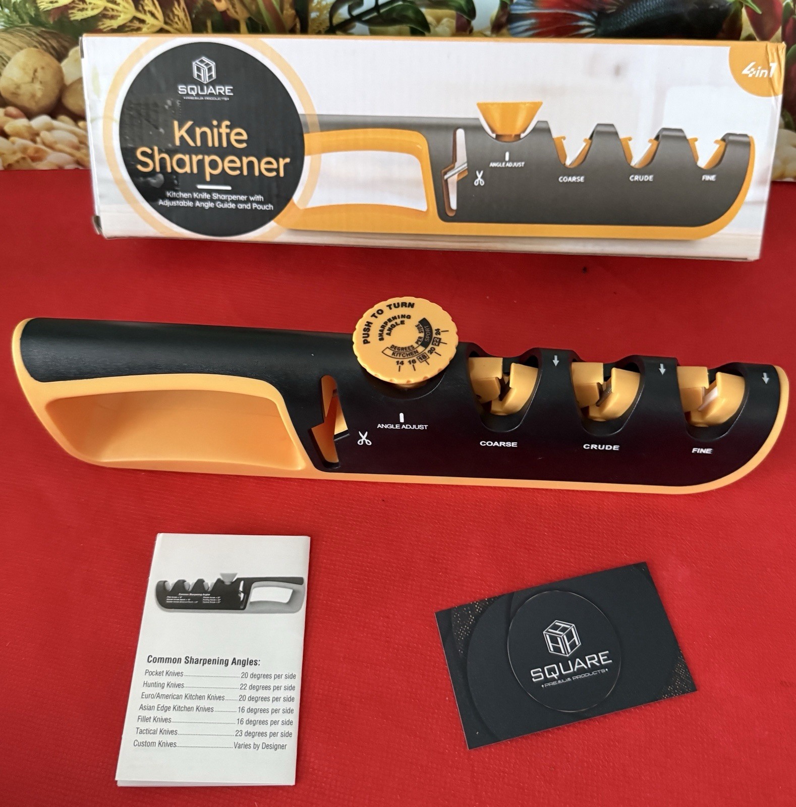 Knife Sharpener for Kitchen ; 4-in-1 Manual Sharpener, Adjustable Angle Guide