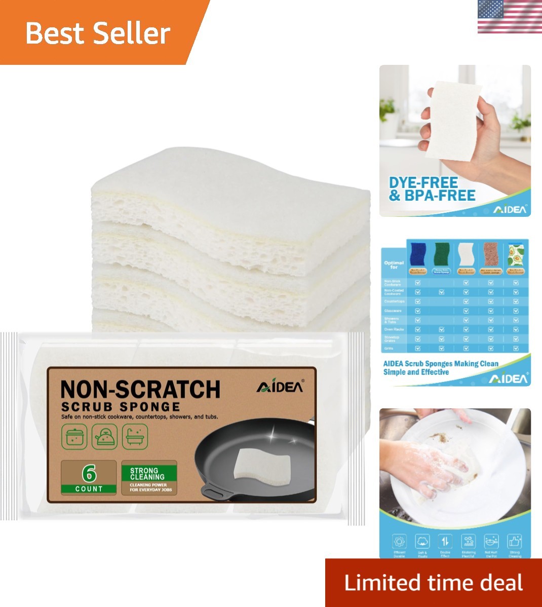 Versatile Non-Scratch Sponges - 6 Count Natural Cellulose for Kitchen & Bath