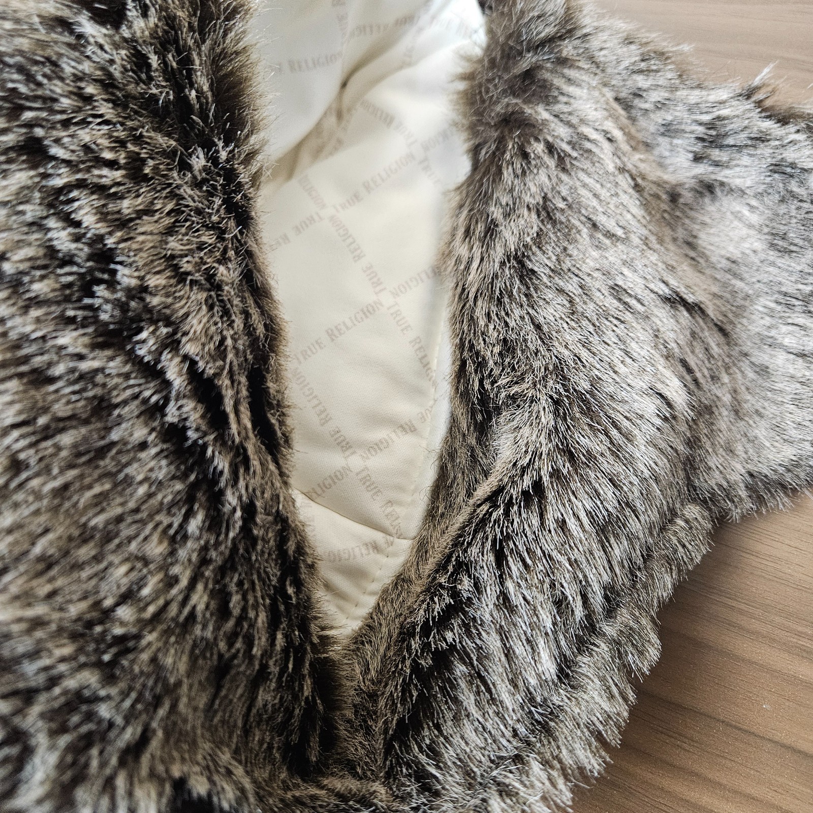 True Religion Winter Trapper Hat Fur Dark Grey Cap Horseshoe Pockets Warm NEW