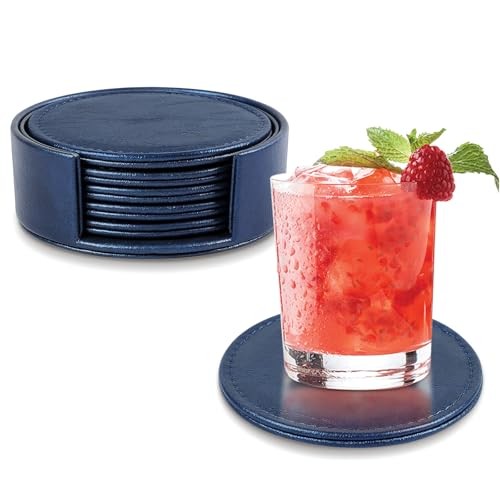 Leather Coasters Set of 6 with Holder, Tabletop Protection, Coffee Table & Blue