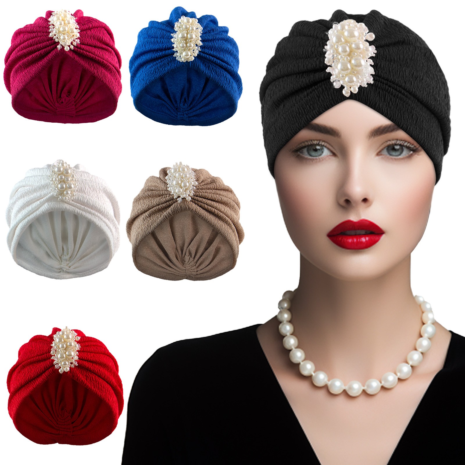 Women Hijab Muslim Turban Pleated Hat Beaded Headwear Wrap Head Cover Bonnet Cap