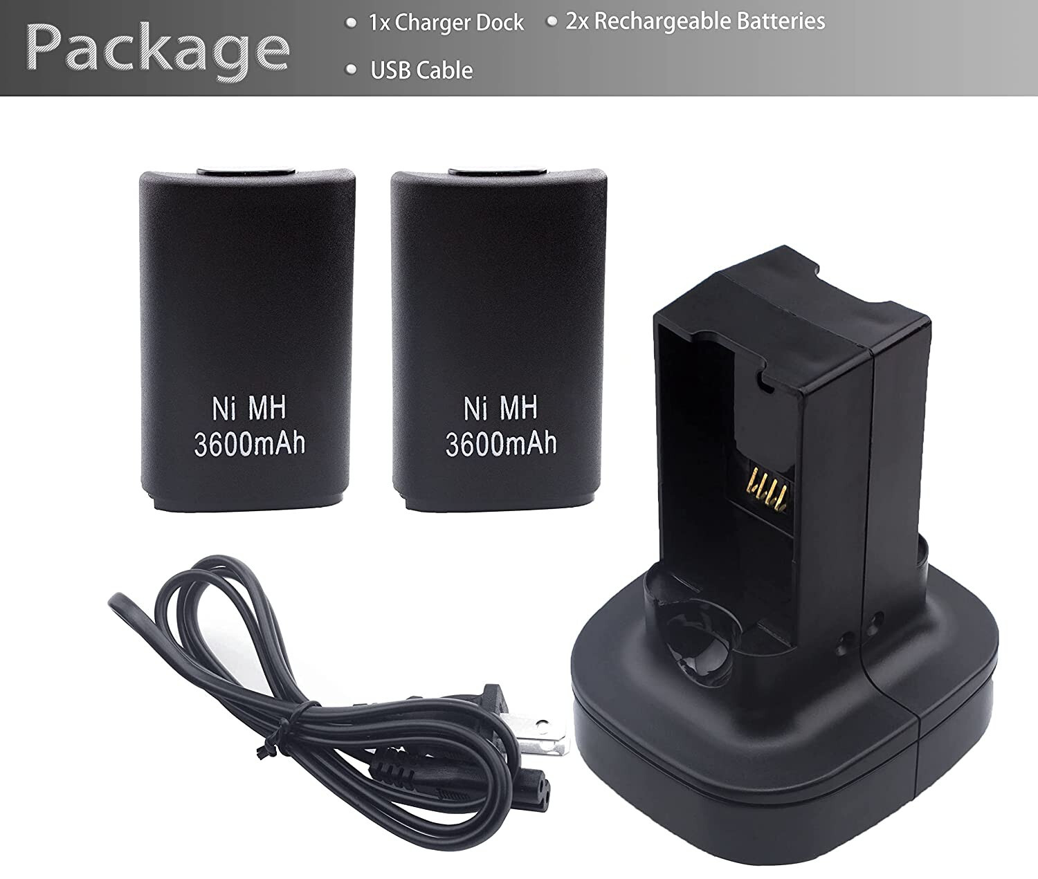 2 Rechargeable Battery with Dual Charging Station Dock for Xbox 360 Controller