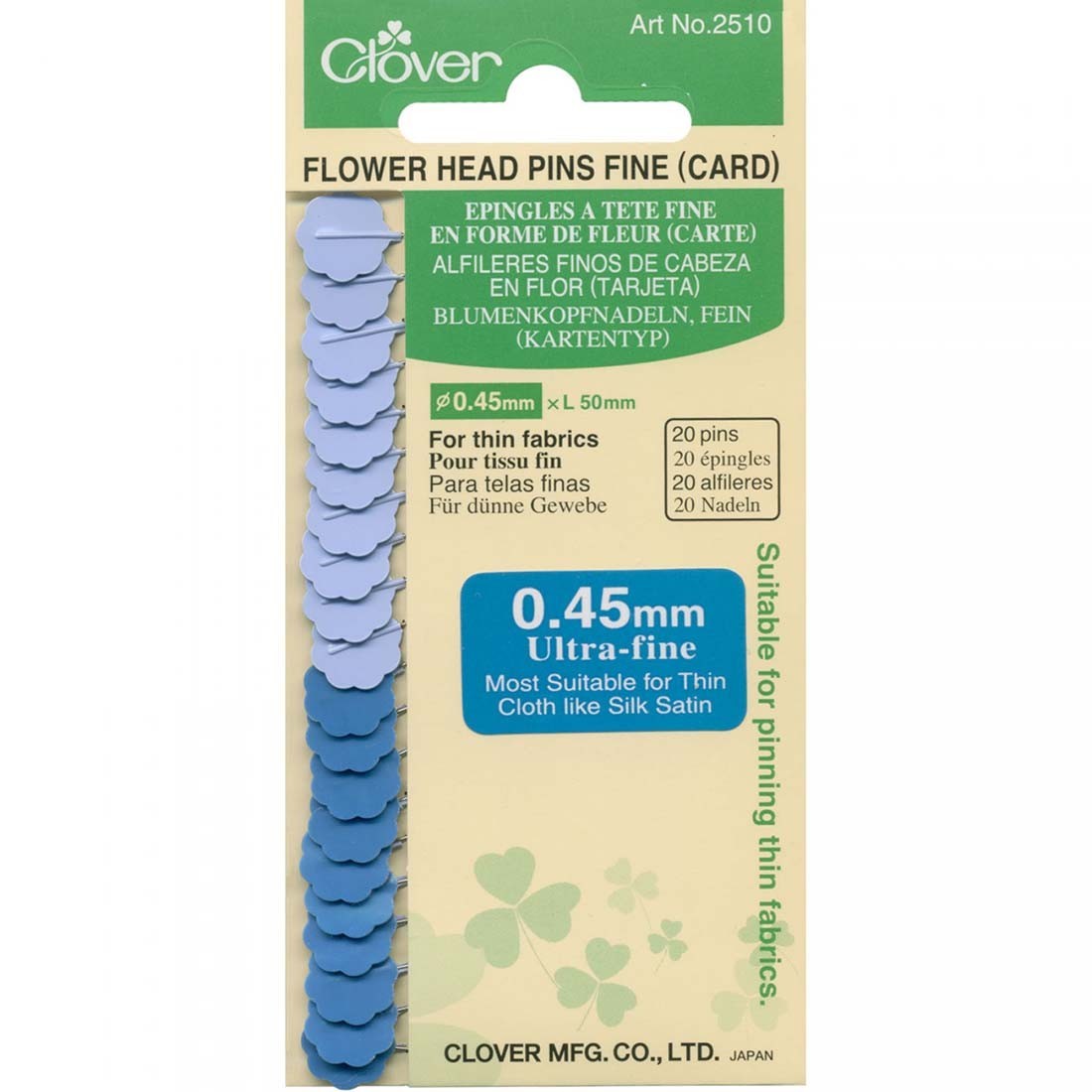 Notions - Clover Flower Head Pins # 2510- Fine & Lightweight Fabrics (20 carded)